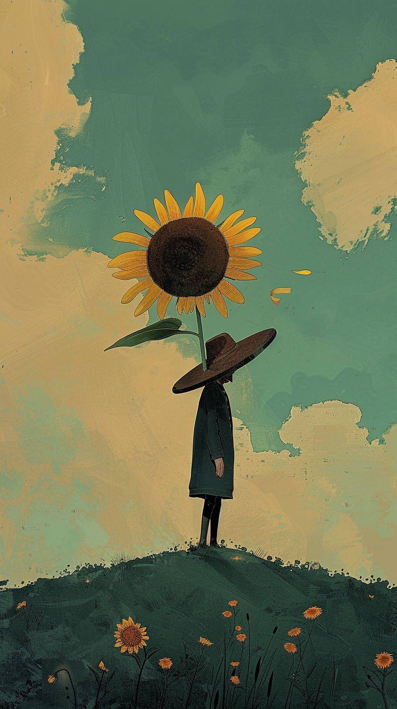 A cartoon man wearing a hat is standing in a sunflower field, in the style of Werner Herzog, João Artur da Silva, Junglepunk, animated exuberance, I can't believe how beautiful this is, Richard Dadd's subtle humor