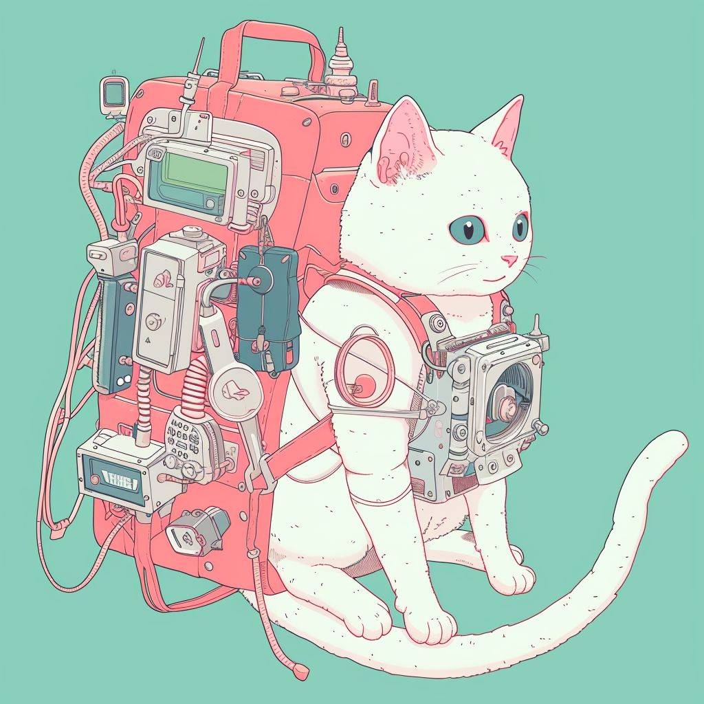 This is a neo-pop clip art of a space cat carrying a high-tech backpack filled with supplies, tools, and gadgets for its travels. The backpack can unfold into a mini workstation or shelter for the cat when it needs to rest or take refuge. With a crisp, minimal drawing, pastel colors, Japanese-inspired poster art, and intricately detailed minimalism.