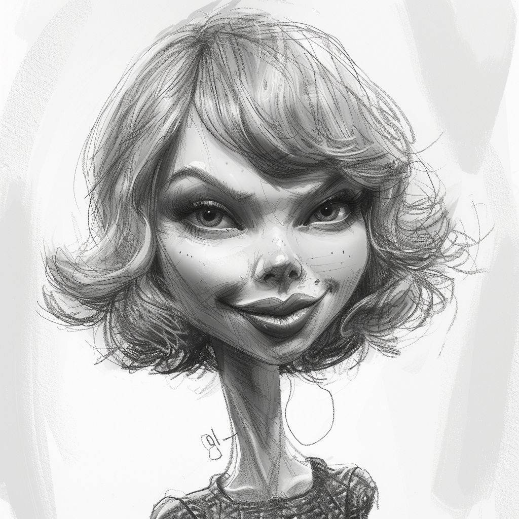 black and white hand drawn rough drawing caricature of Taylor Swift --style raw --v 6