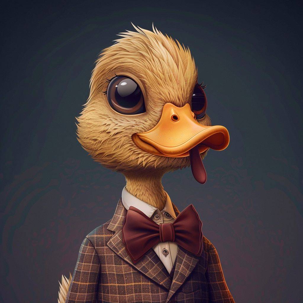 A cute girl duck wearing a men's tweed jacket and maroon bowtie, pixar style, avatar, navy blue background