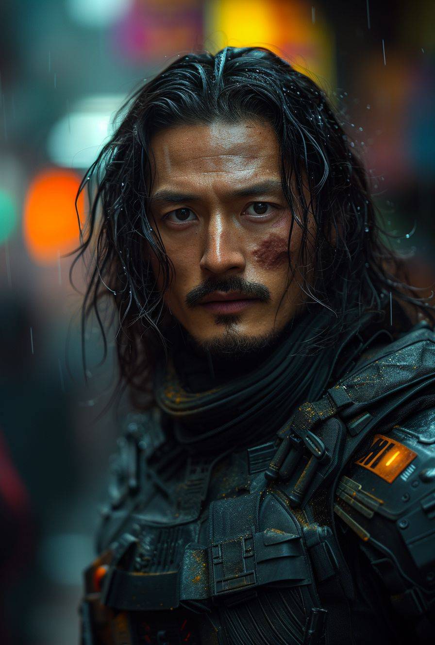 Hiroyuki Sanada, in his early thirties, wearing long hair and futuristic tactical gear. Arri Alexa 8k VV. Cinematic. Unreal Engine. Detailed and realistic. Character poster. 8k, HD, cinematography, photorealistic, epic composition--style raw--ar 27:40--v 6--stylize 750