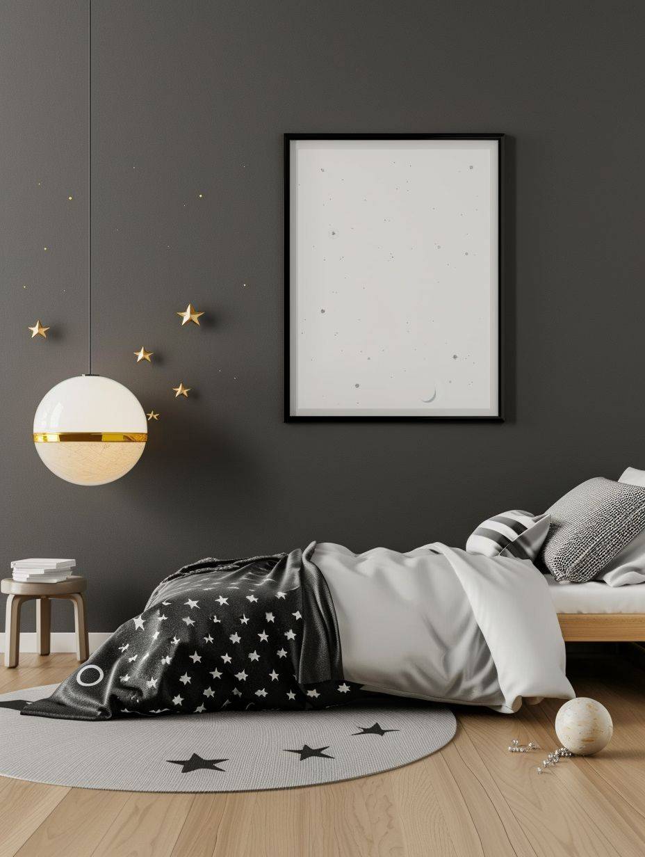 Modern kids bedroom, bed, mock-up picture frame on wall, space theme, black and grey style