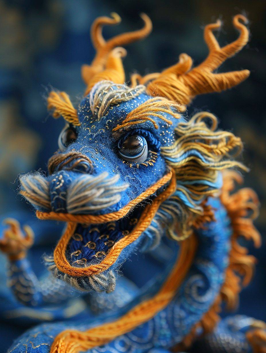 A blue and gold painted Chinese dragon figurine, full body, adorable, laughing, funny action, made of wool texture, the muppet, wool process, realistic fine details, conceptual embroideries, dark yellow and light indigo, intense close-ups, paper sculptures, hyper-realistic animal illustrations