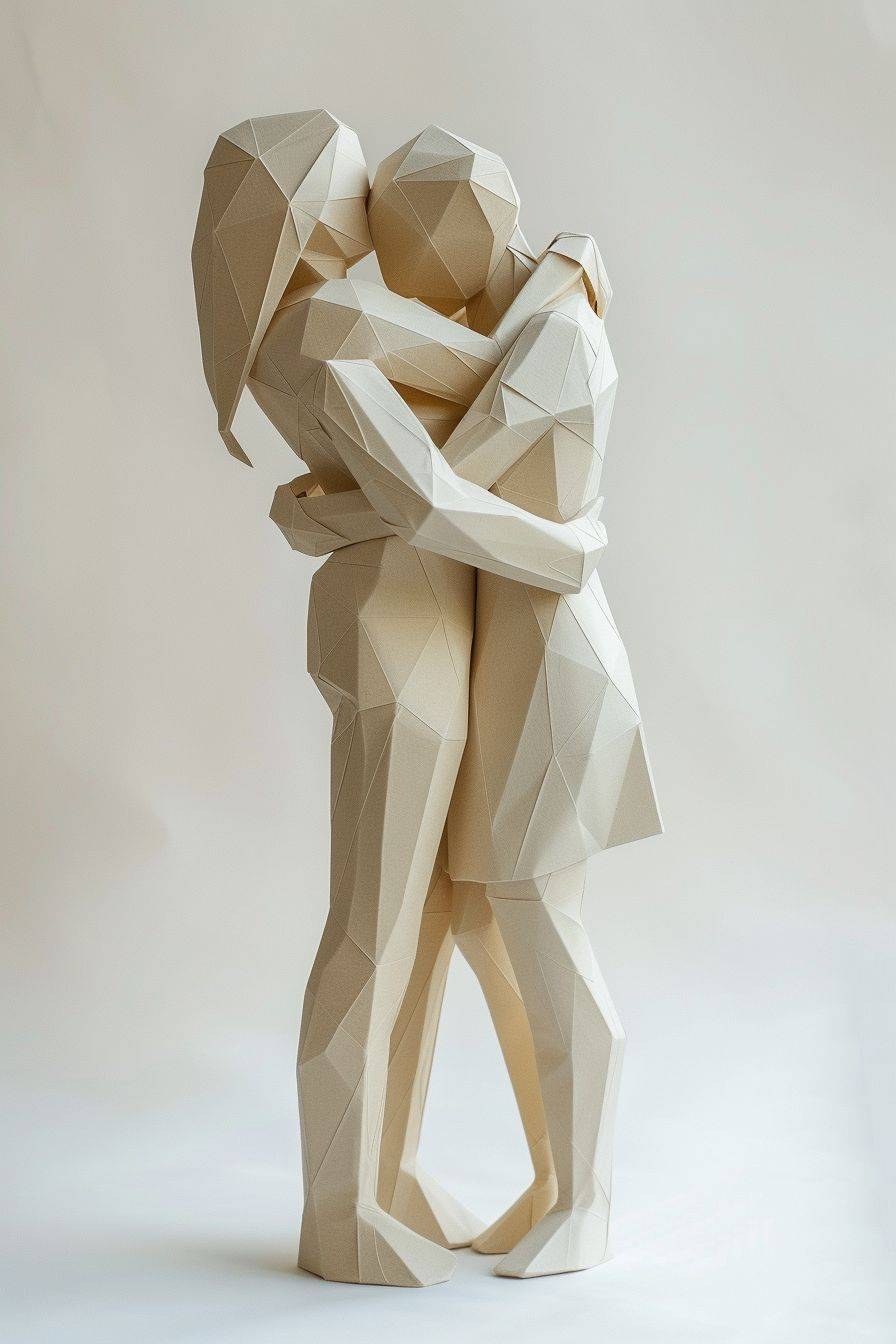 A beige paper figure of a tall man hugging his wife with the wife hugging him back, white ground and background