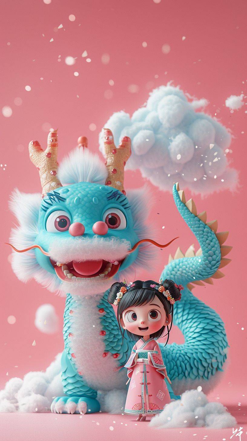 Pixar animation style, Chinese New Year. Pink background, made of marshmallow material, a big blue and pink Chinese dragon with a big smile, its tail is like a cloud, it has a colorful cloud on its head, standing next to it is a super cute little girl wearing traditional Chinese clothing, strong light effect --ar 9:16 --v 6 --stylize 250