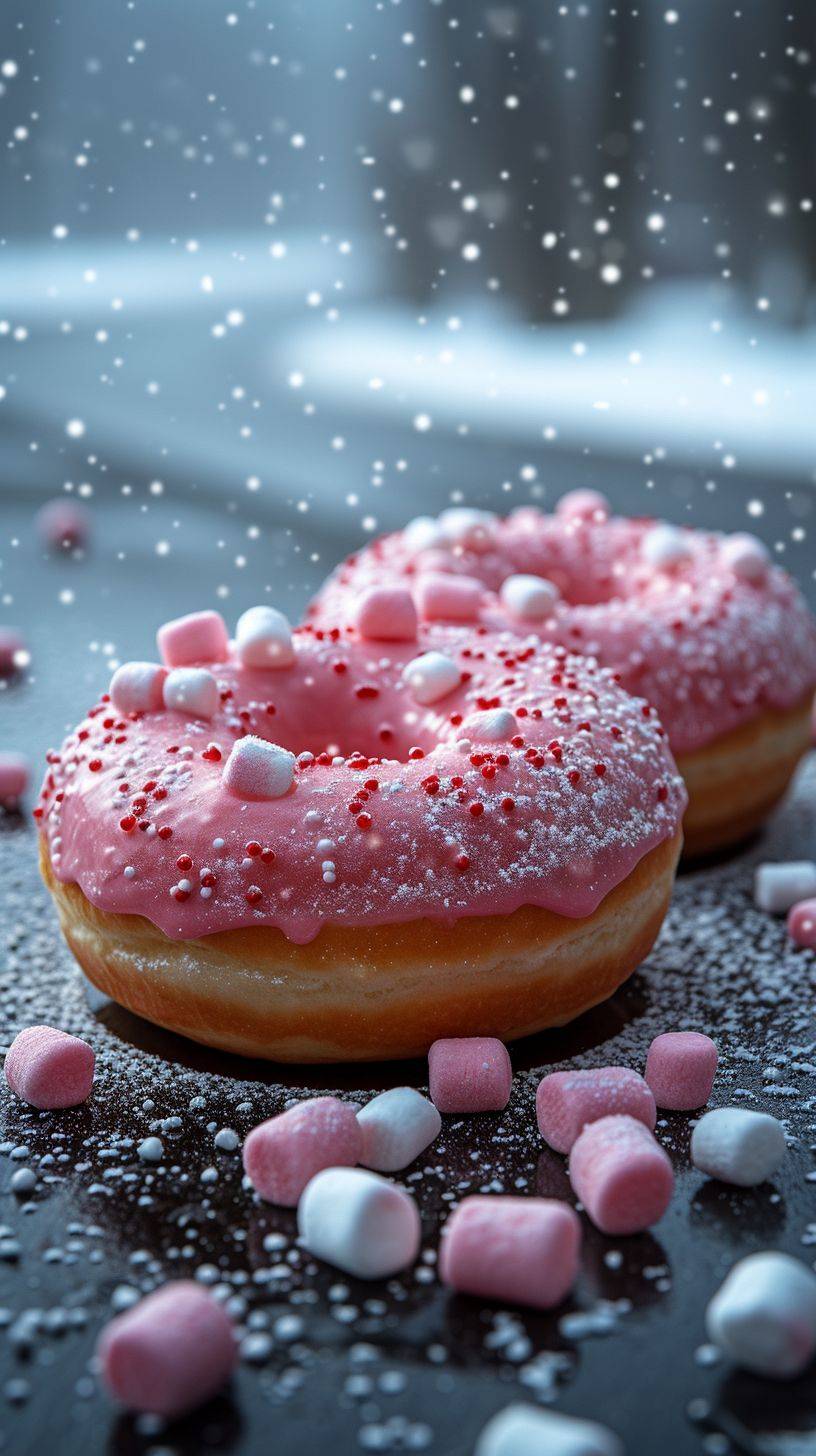 Two pink realistic donuts on the ground, marshmallows falling from the sky, modern simplicity, Felicia Simon, cinematic texture, low contrast film, photo, soft light, best quality, high quality, high detail, detailed decoration, Crazy details