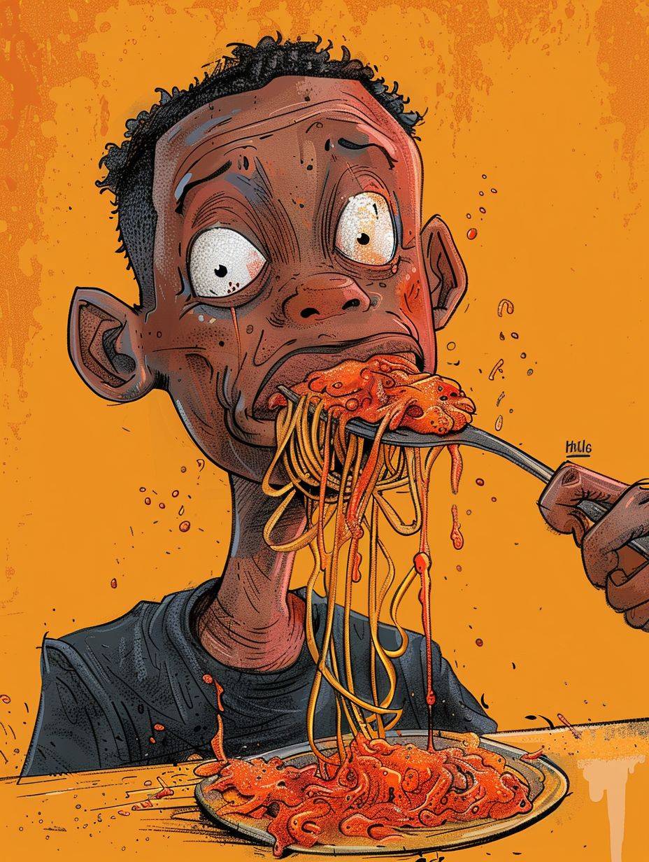 ウィル・スミスが散らかったスパゲッティをトマトソースと一緒に食べている、エルジェによるイラスト、完璧な着色、8K
