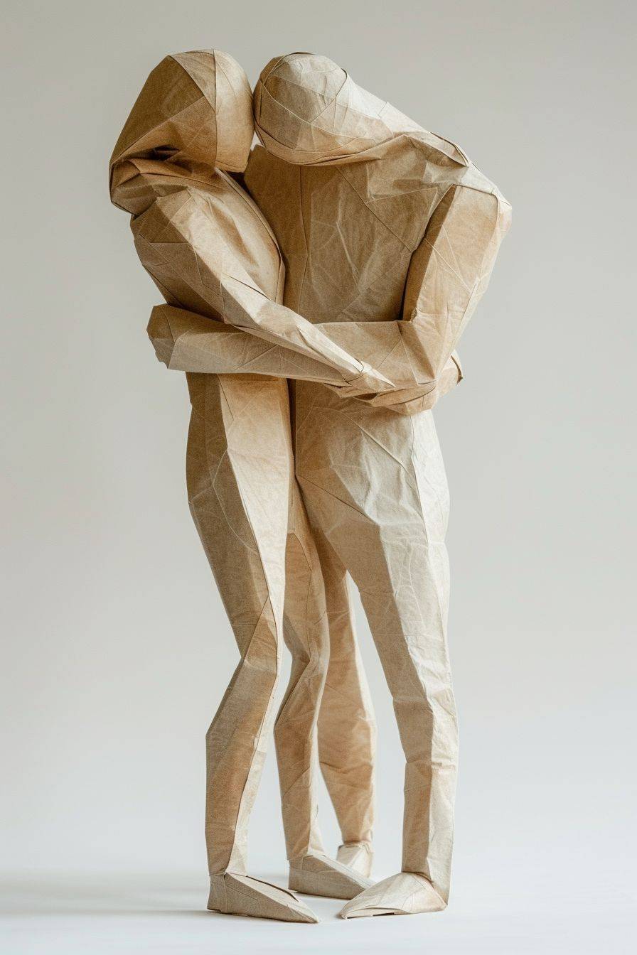 A beige paper figure of a tall man hugging his wife with the wife hugging him back, white ground and background
