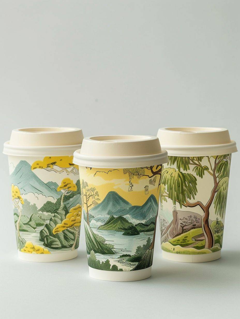 Three paper cups with lids, landscape pen and ink illustration logo paper cups, yellow and green tones, Studio Ghibli style, product view