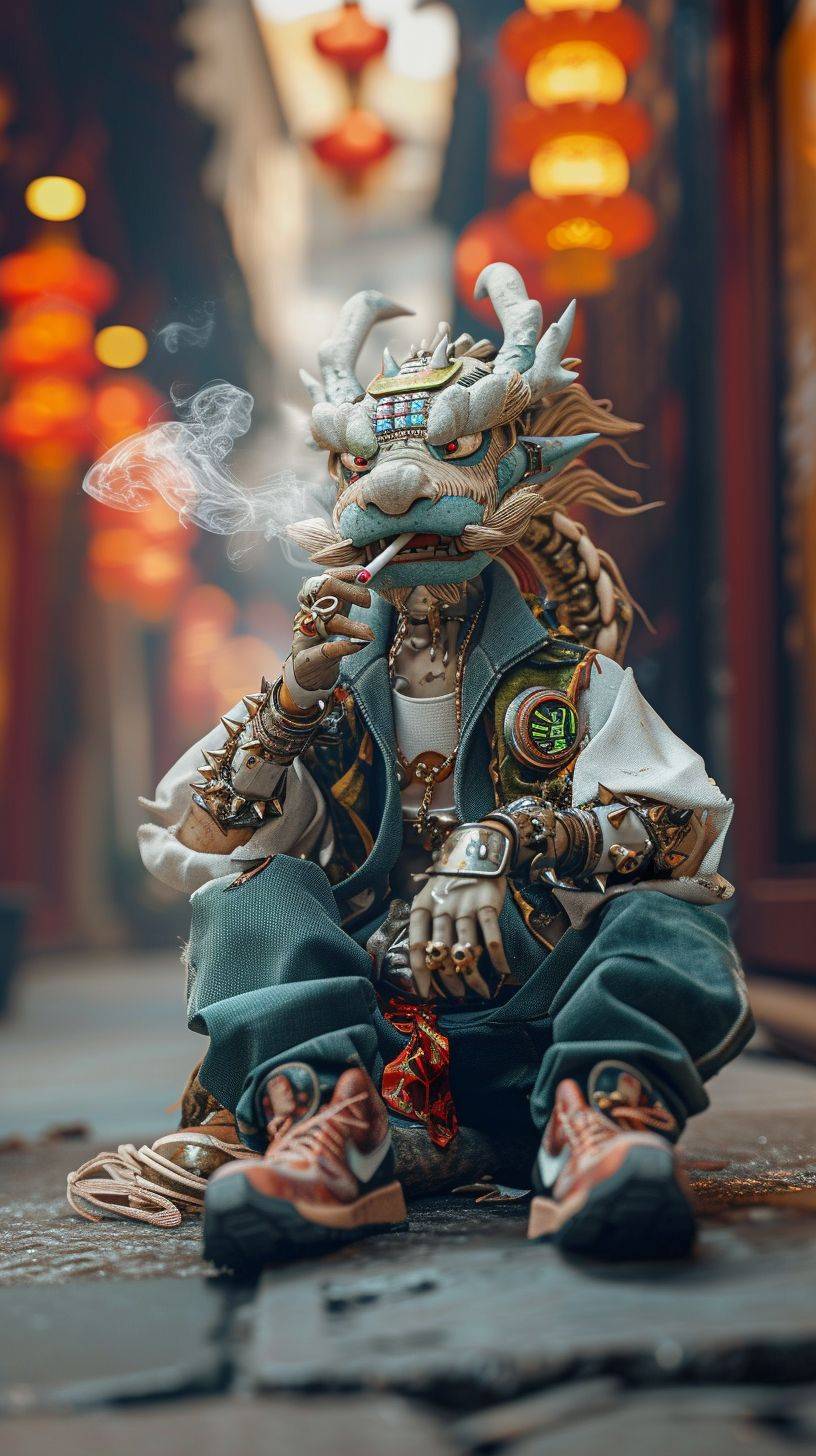 The leading figure of the Chinese dragon, cyberpunk style, is smoking with a dragon mouth, sitting on the ground wearing trendy shoes, with rich details and clear clothing.