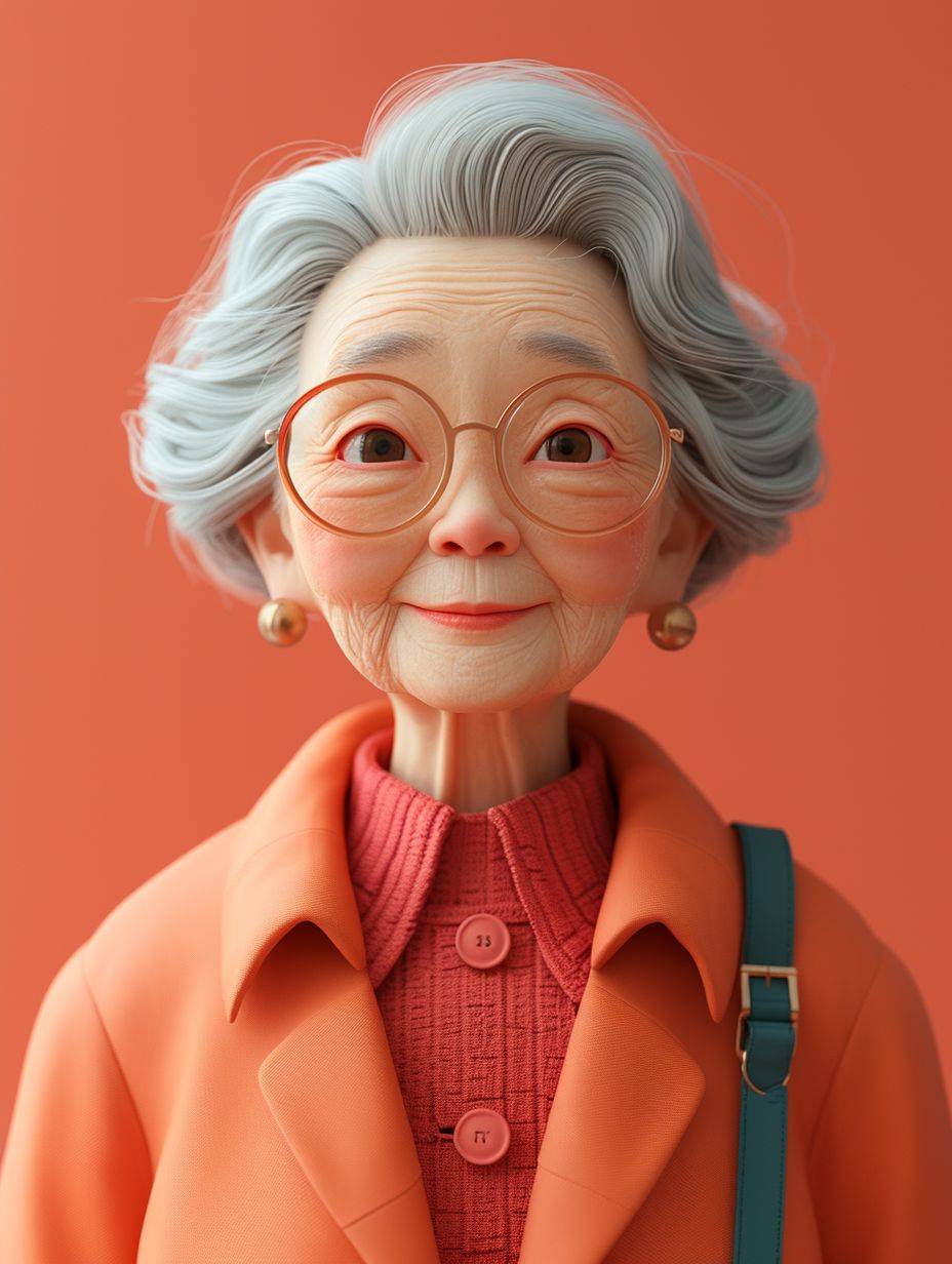 An isometric 3D model of an old woman standing in a mini world, with a popout effect in 3D.