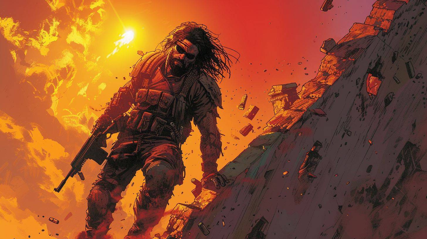 A comic book illustration in the style of Simon Bisley featuring a post-apocalyptic warrior, wearing scavenged metal plates and leather, holding a double-barreled shotgun with makeshift modifications, in an intense scene of urban warfare, among the ruins of a destroyed city, with the setting sun casting long shadows, viewed from a high angle emphasizing dynamic movement, dark fantasy, dramatic contrasts, bold strokes --ar 16:9 --v 6 --stylize 250