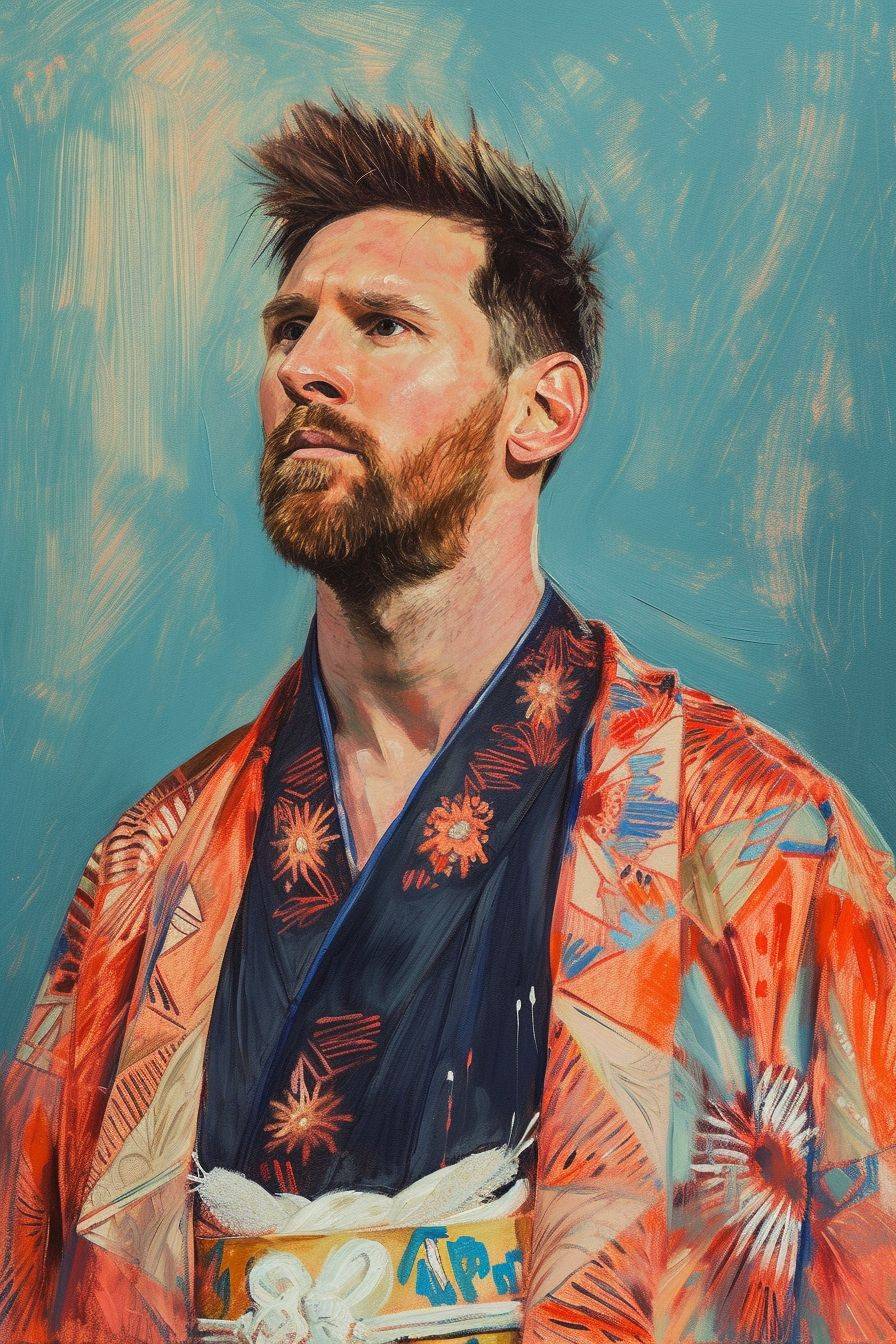 Draw an oil painting, Messi wearing a Japanese kimono