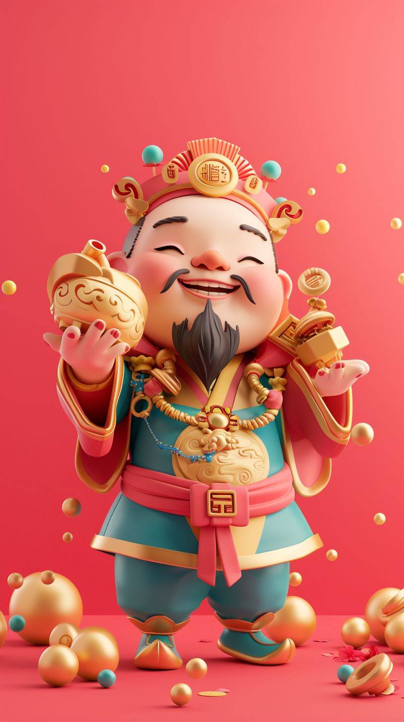 Cute Chinese God of wealth, Chinese door God, holding a large shiny gold ingot in his hand, smiling, minimalist style, simple and clean light red background, full-length portrait, movie lighting, volume light, soft and advanced colors, Pixar style, Bubble Mart, 3D, C4D, blender, chibi, dribble, Pinterest, ultra detail, ultra precision, 8k