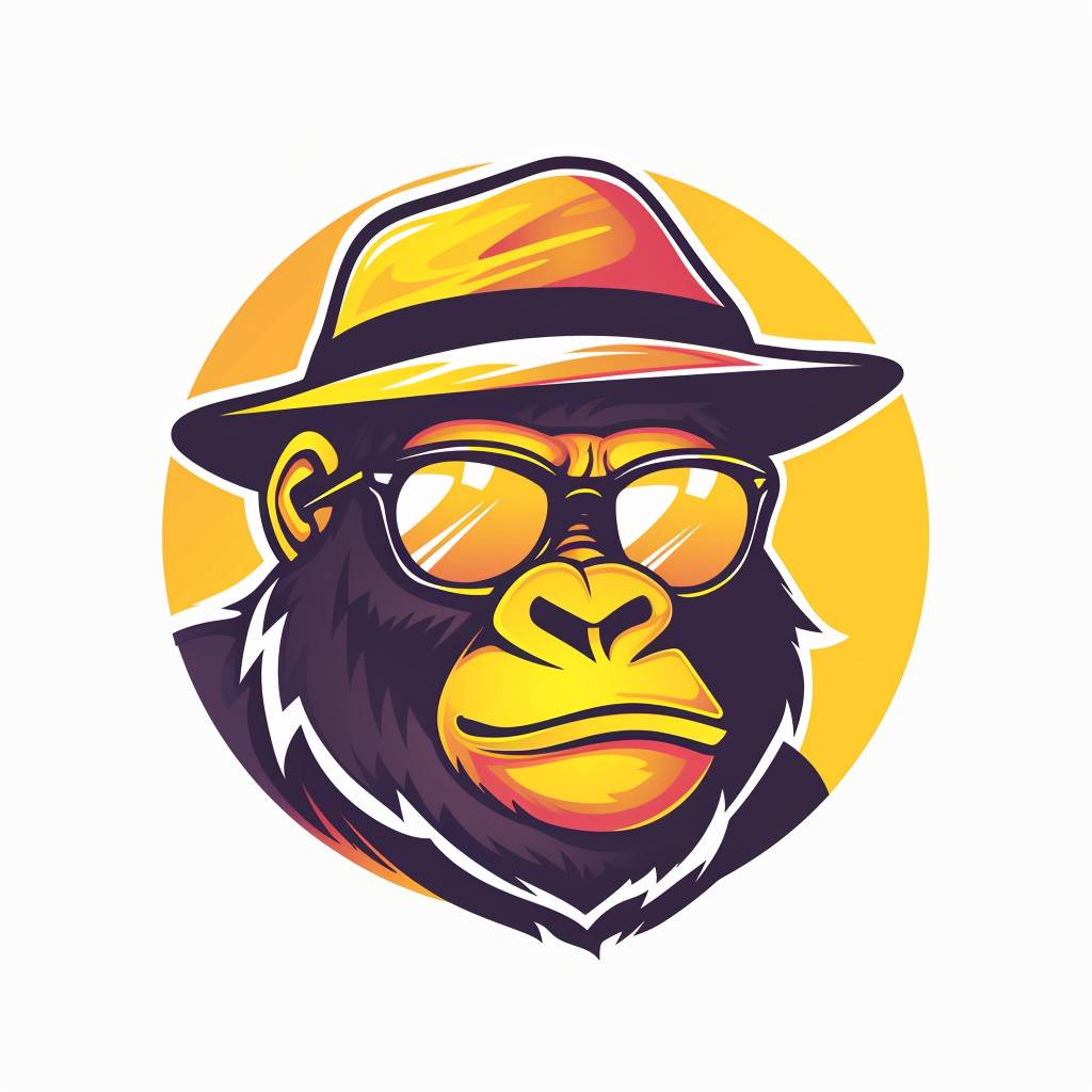 A cool logo based on the gorilla illustration with a white background, using yellow as the dominant color and suitable for NFT PFP, without any text or pen in the background, and with more emphasis on yellow, and with a gradient effect on the background, and with some additional creative elements such as glasses and a hat, and without any pen or text in the logo --v 6