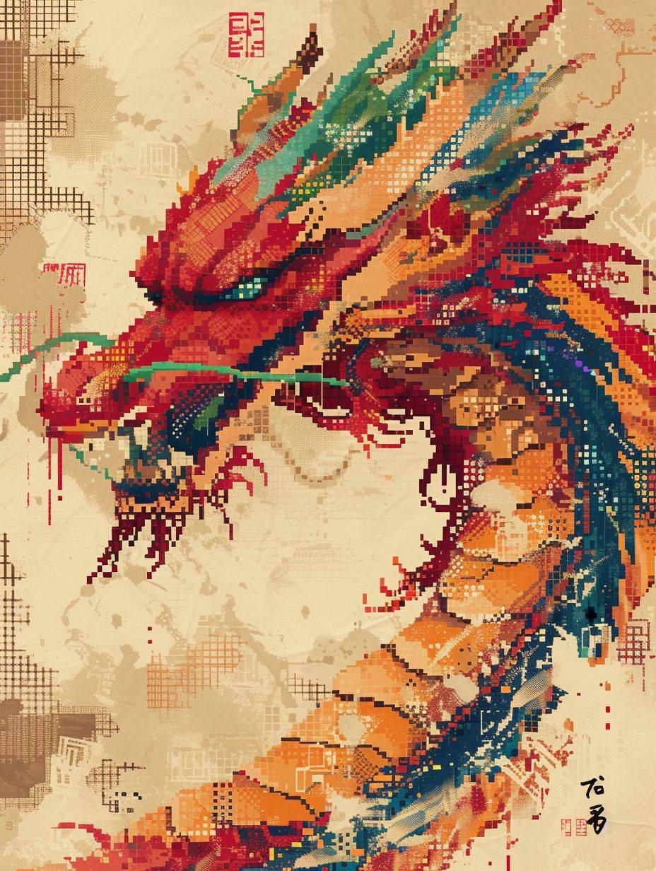 8ビットのドット絵、中国のドラゴン