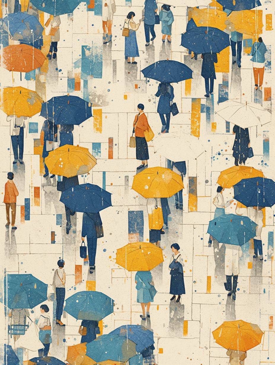 A movie poster featuring many people holding umbrellas on a rainy day in spring. Viewed from the top, people are walking on streets that have been rained upon, with raindrops falling and individuals carrying umbrellas with different patterns and rhythmic arrangements. The rain-soaked ground exudes vibrant colors. Matisse's color scheme encompasses lavender, Klein blue, amber, moss green, Chinese white space, minimalist flat, bright colors, and light penetrating the air, dopamine color, bird's-eye view, and a soft minimalist composition.
