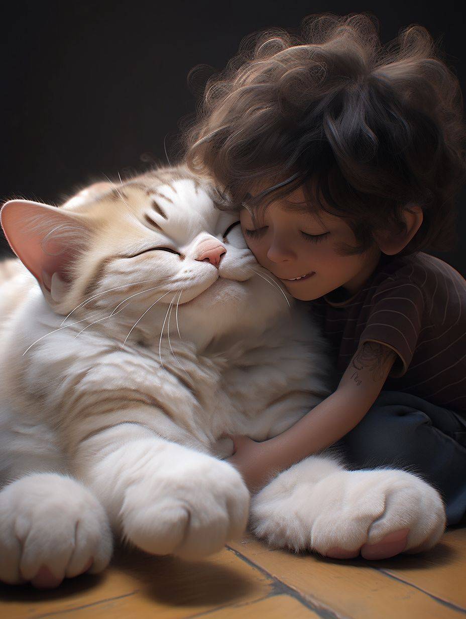 A huge cat, with vertical chartreuse pupils, sat on the carpet in the bedroom and played with a beautiful Japanese boy in a white shirt. This boy has black hair and big watery eyes. They are very excited and dressed in dreamy light blue, white and orange. zbrush. hyper realistic oil. exaggerated perspective, contour shadow, realistic 8k resolution