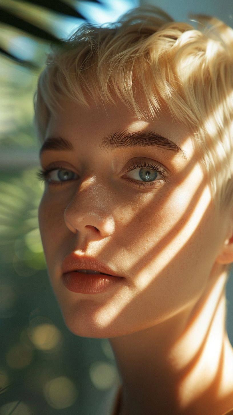 Extreme close-up shot portrait of a short blonde-haired woman, with rays of sunlight shining through the trees outside her window. Eliminate reflections and enhance the texture and color in her blue eyes for a raw, striking effect --ar 9:16 --v 6