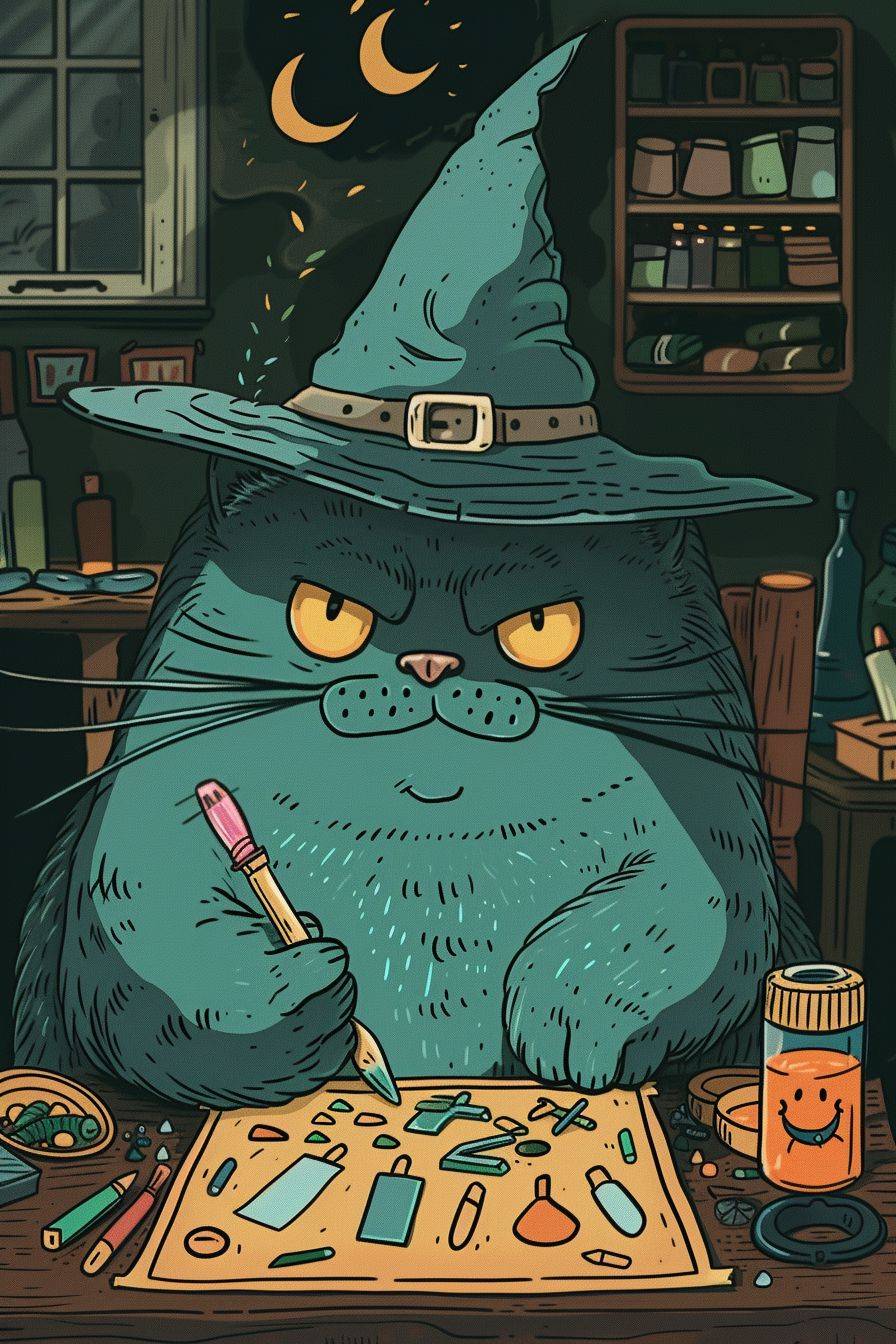 An illustration of an ugly green witch doing arts and crafts in the style of Pusheen.