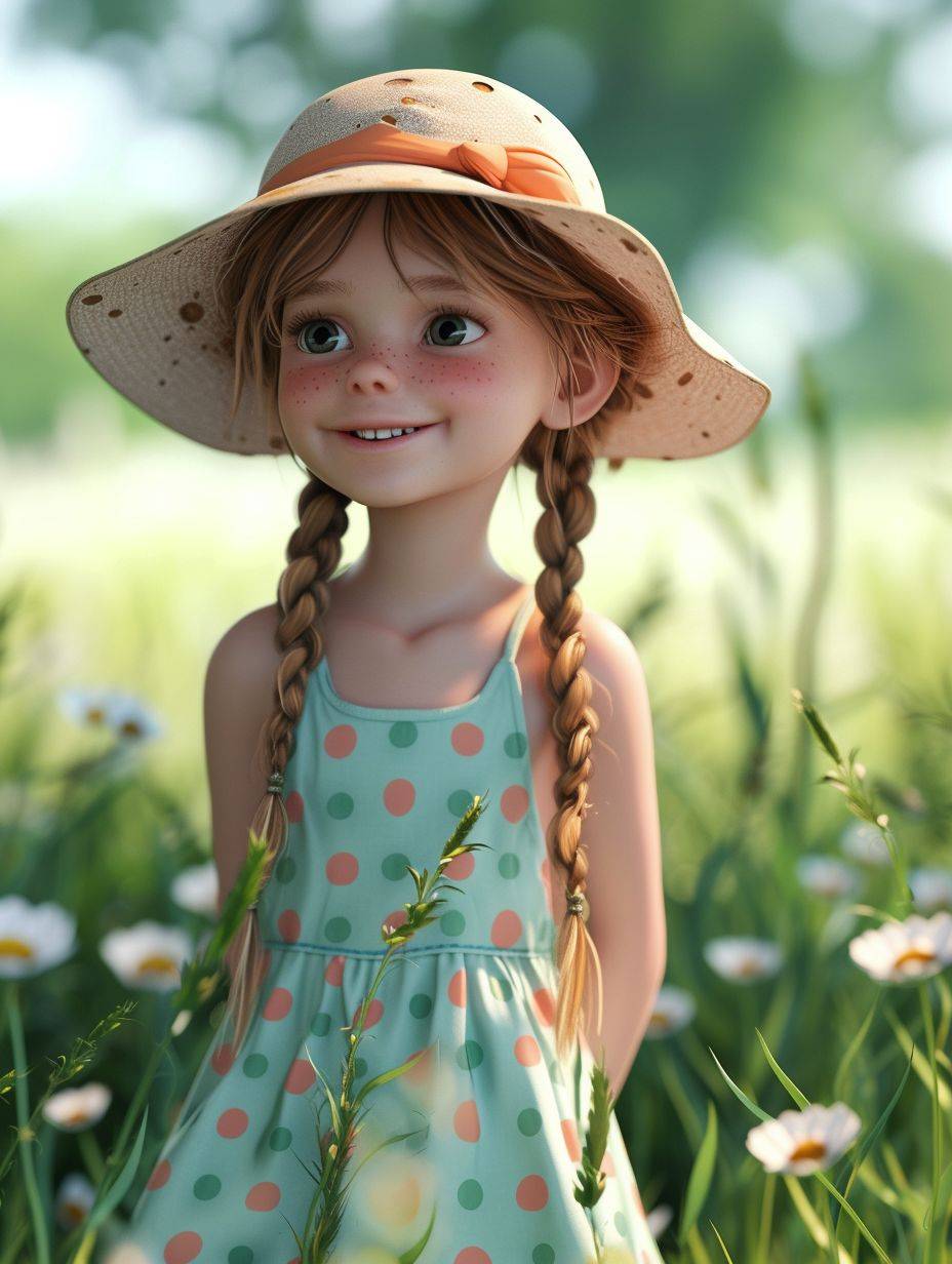 A cheerful little girl with braided hair, wearing a pastel polka-dot dress and a playful sun hat, yard background, 3D