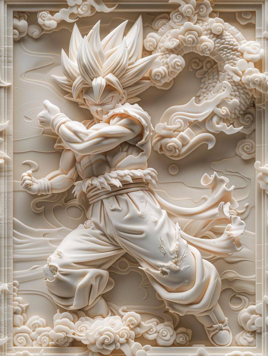 Goku, epic action and dynamic pose, in the style of opaque resin panels, precisionist, ivory, magical girl symbolism, close-up, elaborate borders, surrealistic assemblage --ar 3:4