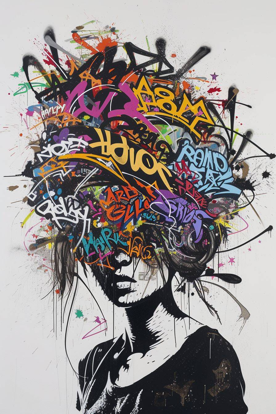An attractive woman adorned with wildstyle graffiti. The intricate and dynamic graffiti lettering covers all the surface, featuring bold tags, complex shapes, and bursts of contrasting colors. The minimalist white backdrop enhances the focus on the graffiti-covered woman, creating a visually dynamic and thought-provoking composition. The clash of the woman with the energetic chaos of wildstyle graffiti symbolizes the intersection of political expression and contemporary urban culture in a clean and minimalist setting.