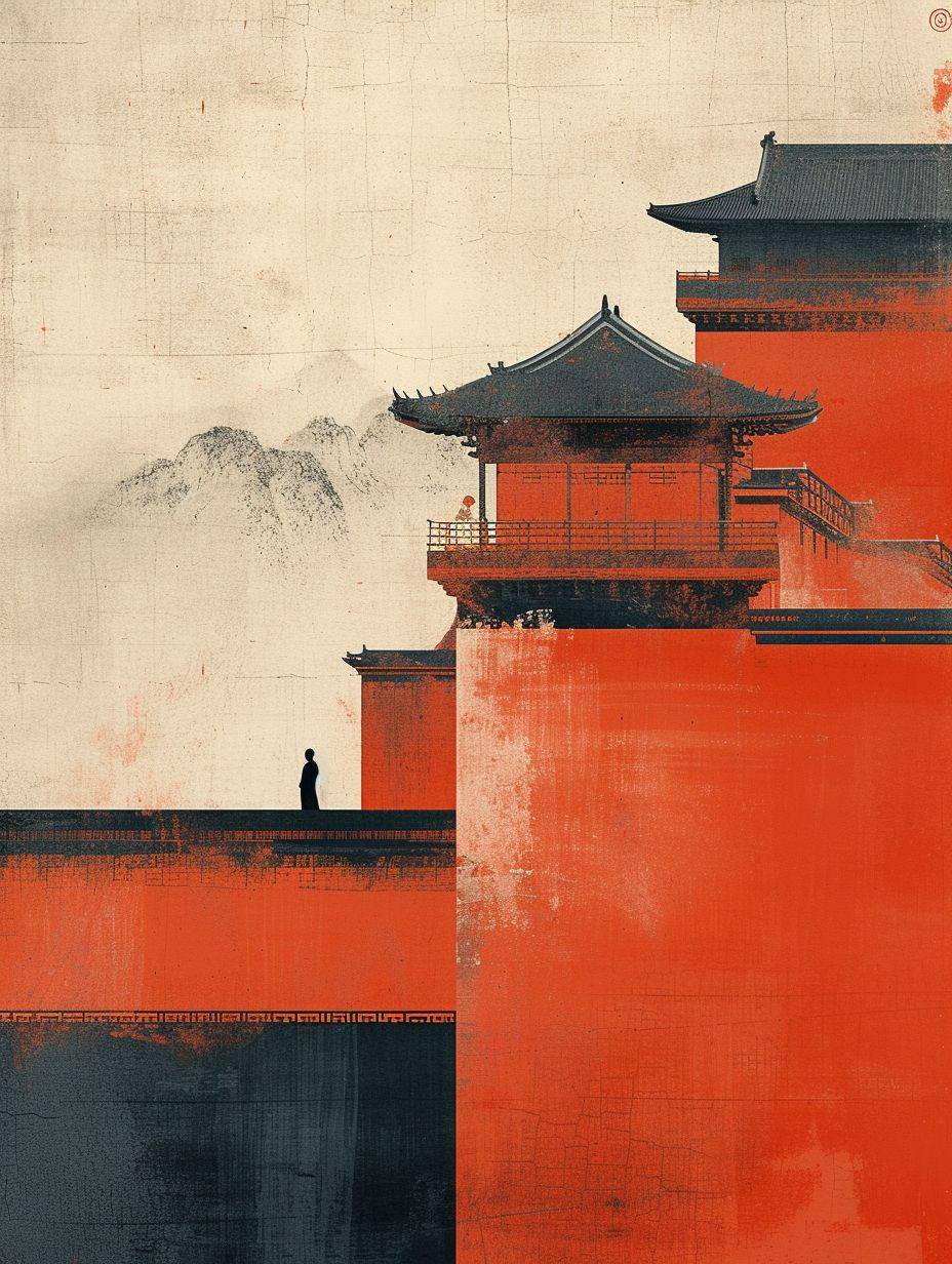 Minimalist Song dynasty mural by Alessandro Gottardo, Heian period, Zen, dark orange and light beige style, enigmatic figures, elegant cityscape, historical painting, super fine detail --ar 3:4 --v 6 --stylize 250