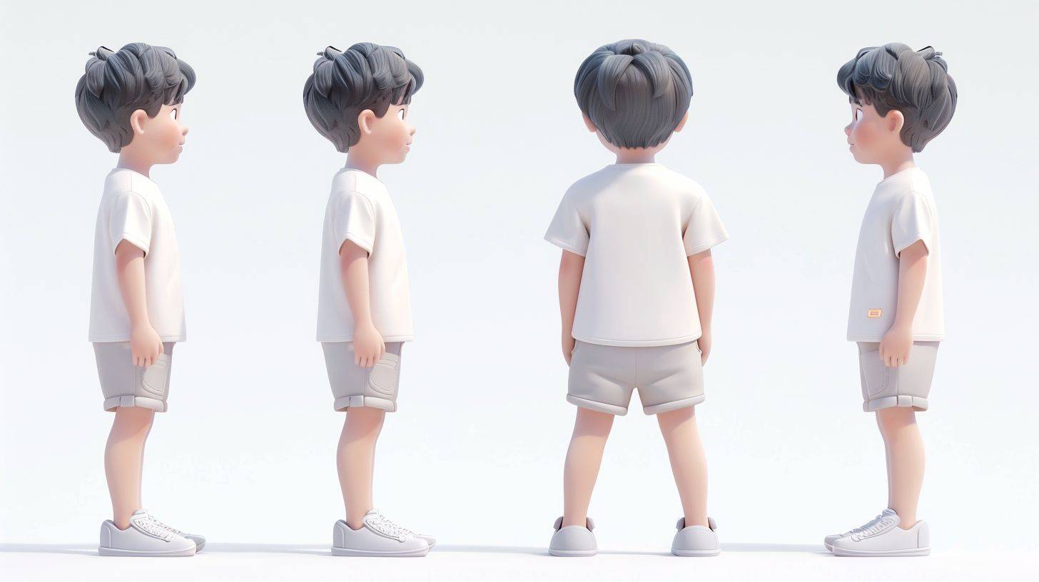 Blind box IP style, full body view, front view, left view, rear view, a cute little boy looking at the audience, smiling, wearing short sleeves, shorts, sneakers, standing naturally, bubble matte style, pink blue, pure white background, 3D, 8K, best quality, super detail, C4D, mixer, OC shader, ultra high definition, ray tracing, 3D effect