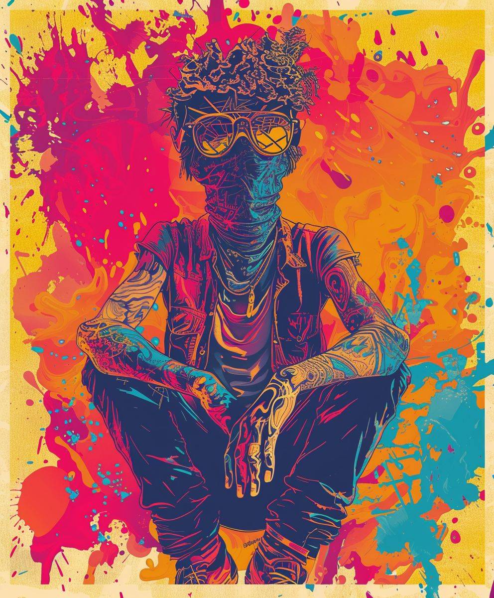 Imagine a tattooed [SUBJECT] set against a background that merges the cool tones of light [COLOR 1] with the warm hues of [COLOR 2], creating a vivid tableau of neo-punk rebellion. This scene, reminiscent of a desertpunk adventure, is crafted with the precision of traditional richness of oil portraiture, resulting in a colorful drawing that bursts with life in ultra-high definition --ar 5:6 --v 6