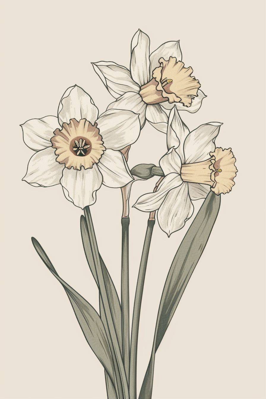 Illustrations of narcissus flower in the style of Victorian-inspired illustrations, vintage, the Bechers' typologies, nineteenth-century French realism, outline, 500-1000 CE, rustic charm --style raw --aspect ratio 2:3 --version 6