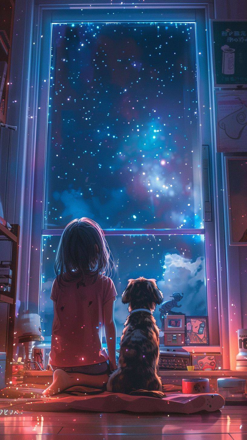 A cute Japanese girl and her dog lean against the window in a Pixar-style room, looking up at the starry sky. The room features a photo of Ryuichi Sakamoto and a poster of Namsan, along with beautiful indirect lighting and pretty art toys.