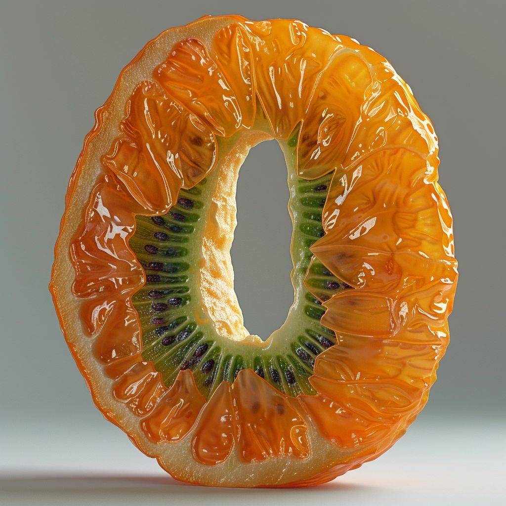 A hyper-realistic image showcasing an extraordinary piece of kiwi pulp, meticulously sculpted into an elaborate Letter O form. This single, standout pulp segment should be the central focus, with its Letter K-like contours and features exquisitely defined.