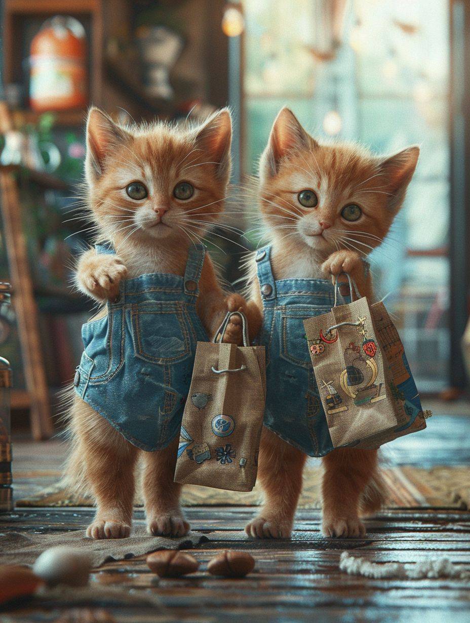 Two little orange cats in denim suspenders carrying shopping bags, IMAX style, street style realism, photo realistic technology, detailed costumes --style raw --ar 3:4 --stylize 250