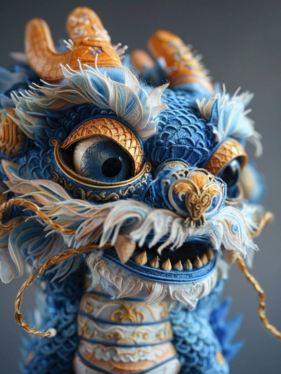 青と金の塗り絵の中国龍のフィギュア、全身、愛らしい、笑っていて、面白いアクション、ウールの質感、マペット、ウール加工、リアルな細部、概念的な刺繍、濃い黄色と薄い藍色、強烈なクローズアップ、紙彫刻、ハイパーリアルな動物のイラスト