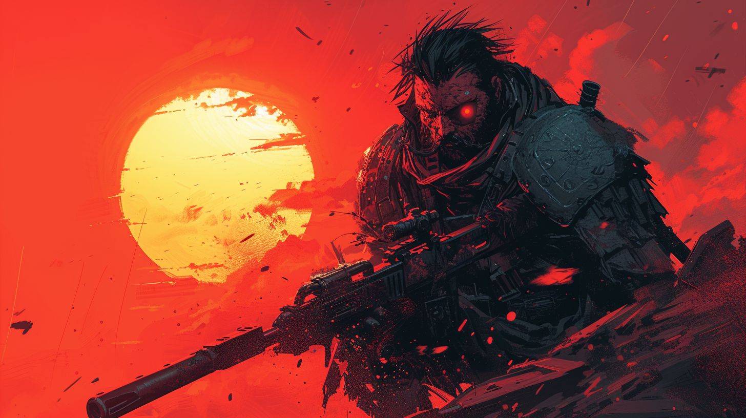 A comic book illustration in the style of Simon Bisley featuring a post-apocalyptic warrior, wearing scavenged metal plates and leather, holding a double-barreled shotgun with makeshift modifications, in an intense scene of urban warfare, among the ruins of a destroyed city, with the setting sun casting long shadows, viewed from a high angle emphasizing dynamic movement, dark fantasy, dramatic contrasts, bold strokes --ar 16:9 --v 6 --stylize 250
