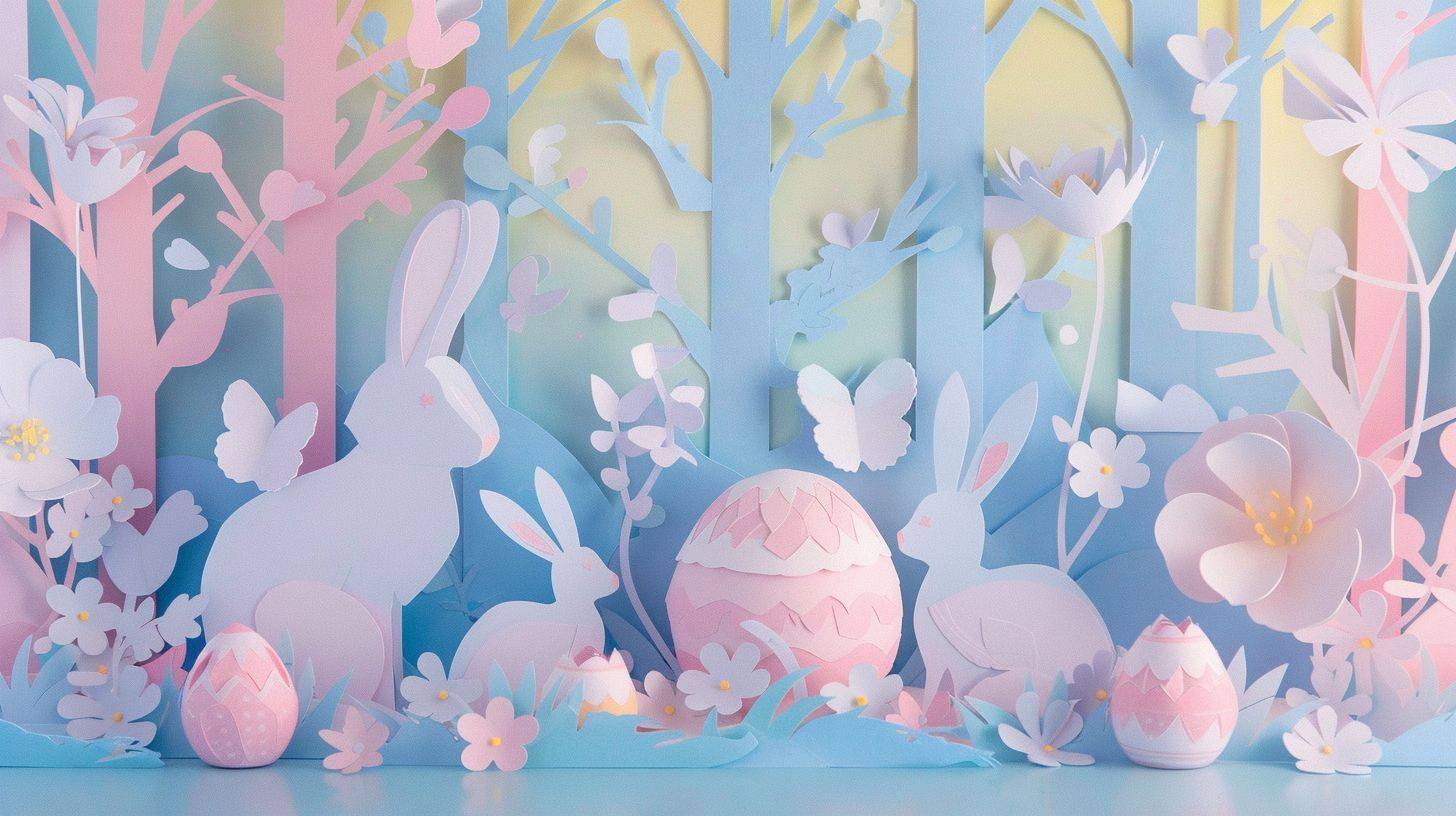 Paper cutout scene of easter eggs and bunnies in a pastel technicolor enchanted forest dreamscape, morning light