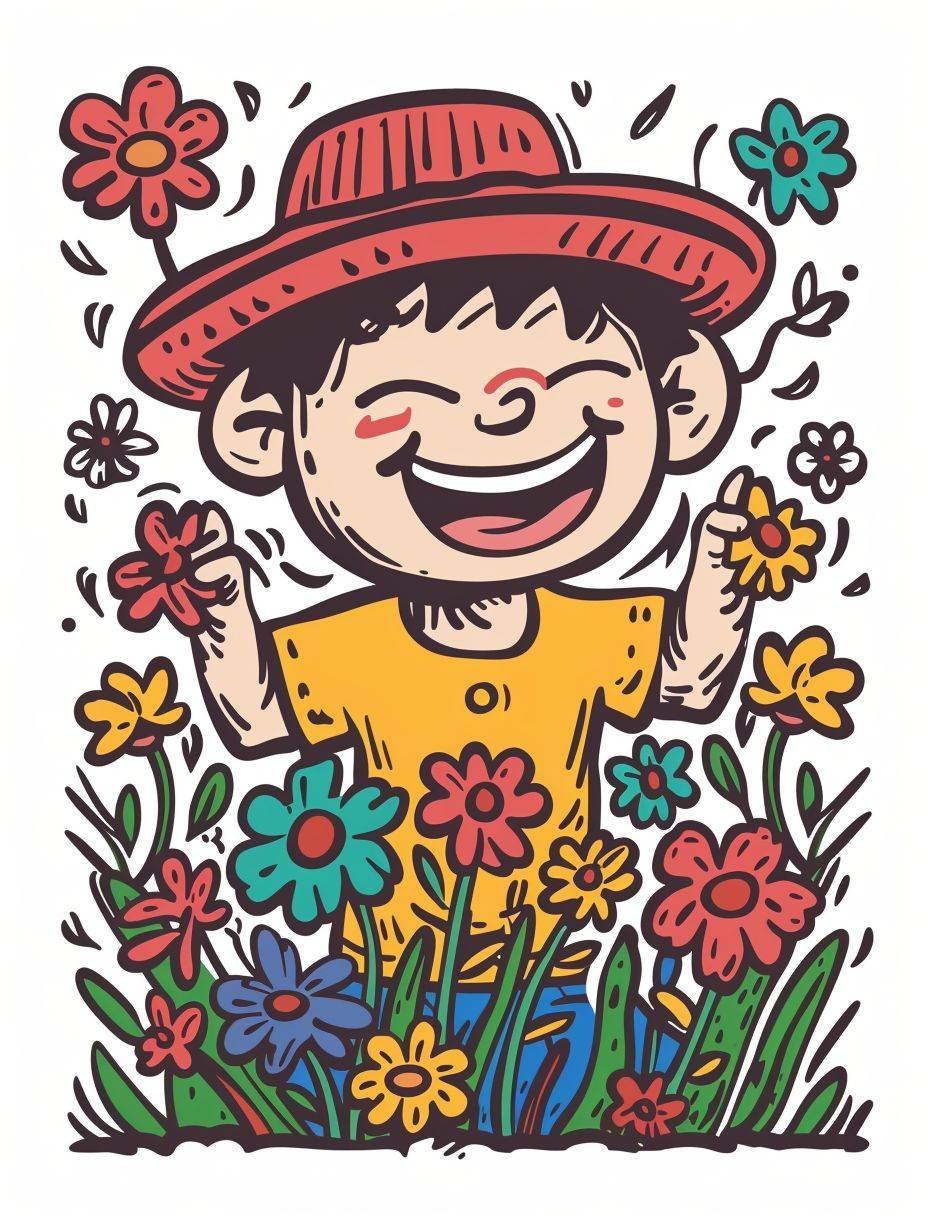 For t-shirts printing, outline, contour style, 2D, flat design, white space to fill, no spirals, no shadow, 8k resolution similar, Keith Haring style, fun, happy, boy with flowers --ar 3:4 --v 6