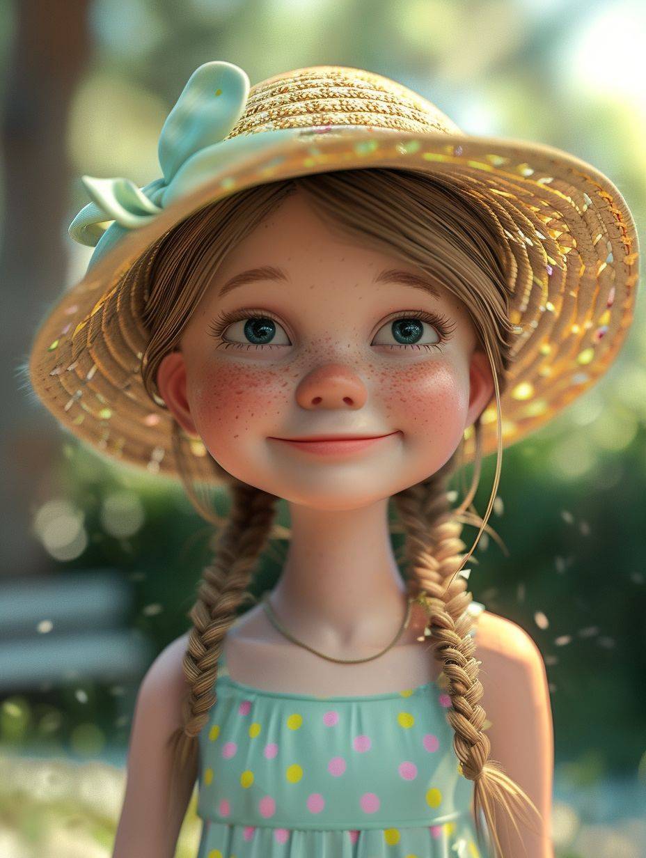 パステル色の水玉のワンピースと遊び心のある日よけ帽をかぶった陽気な少女、三つ編みの髪、背景は庭