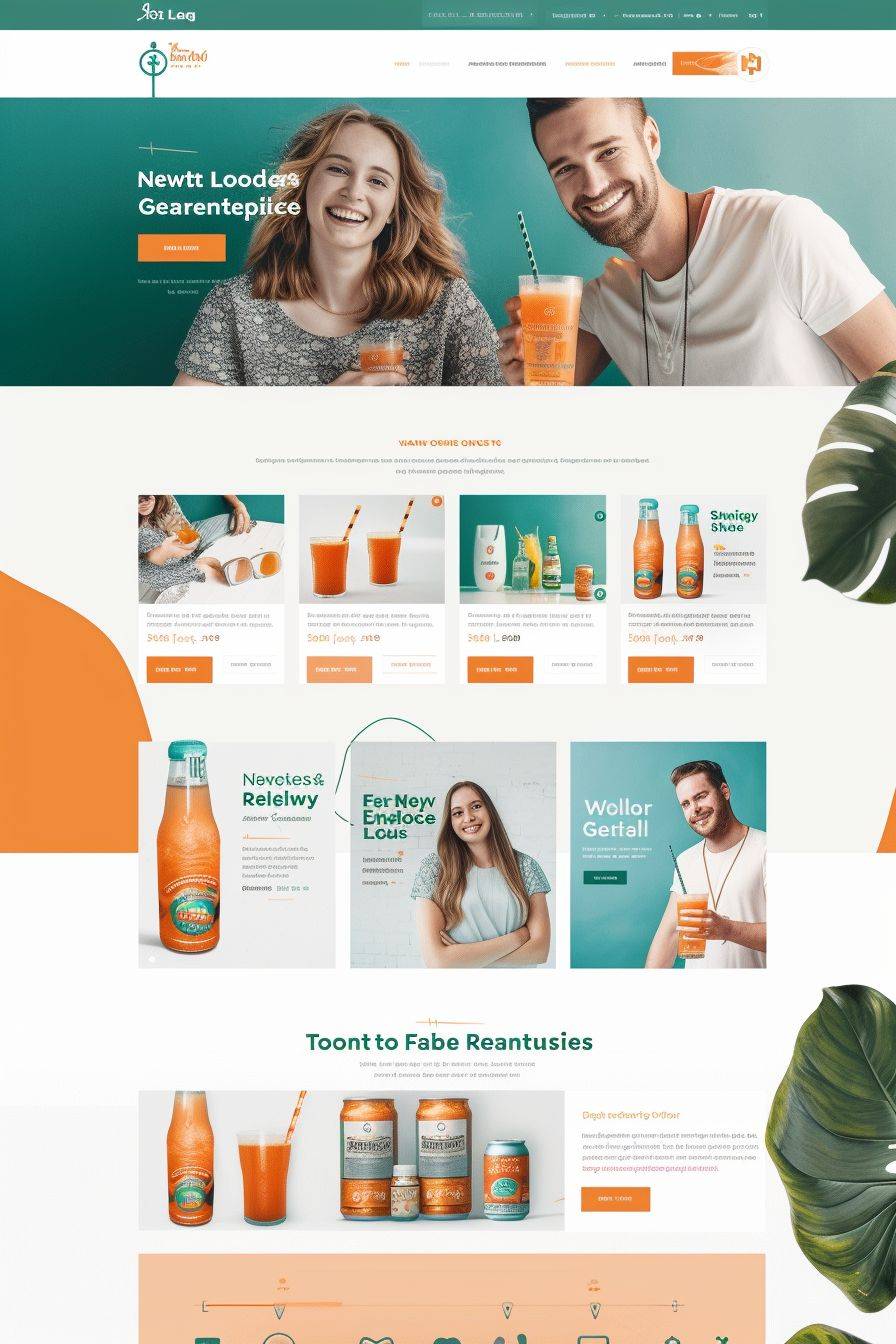 White, teal, and orange website landing page for next level energy drinks with some pictures with people