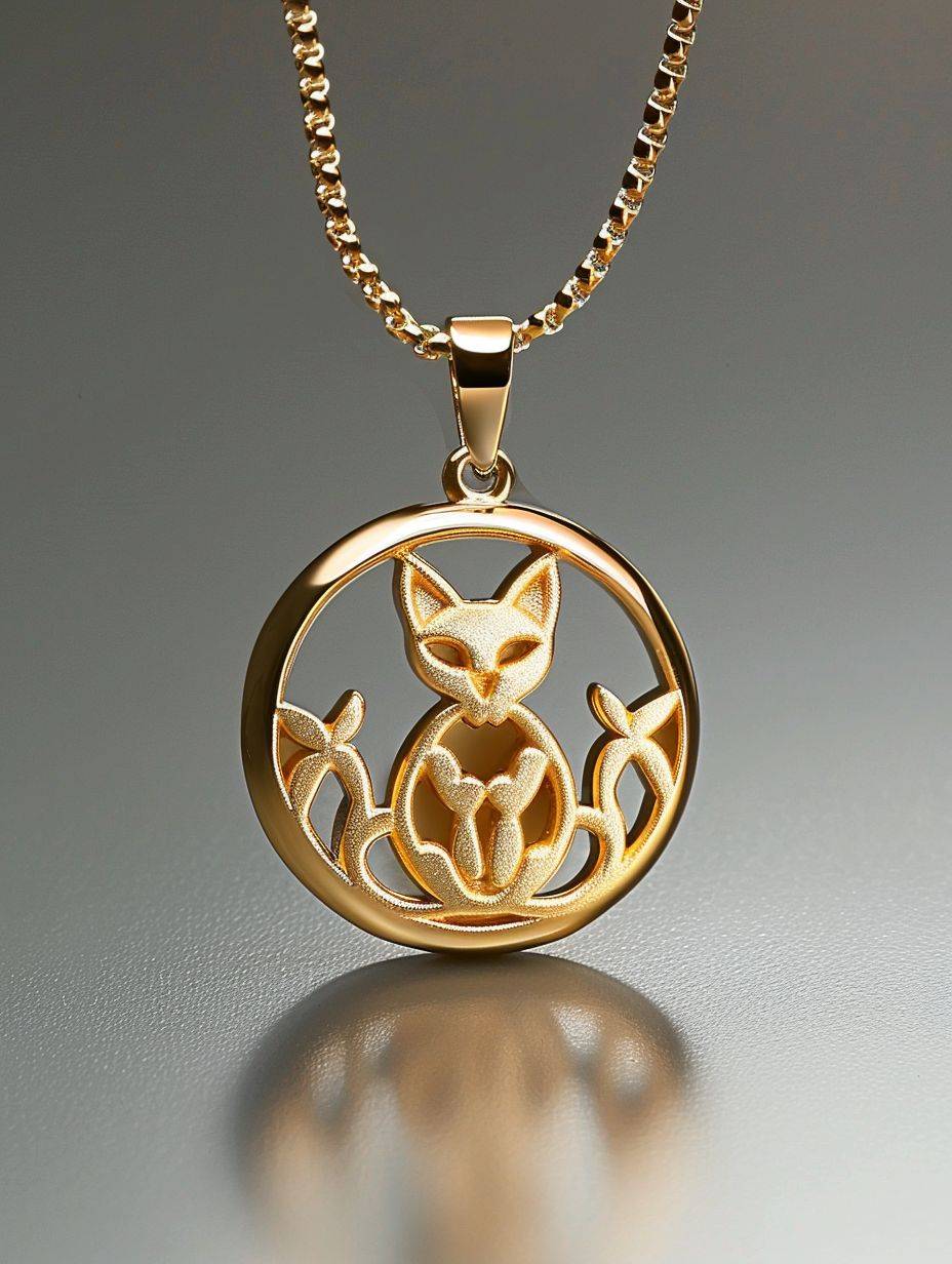 A gold pendant features a cute cat, in the style of cut-out silhouettes, conceptual elegance, metallic finishes, contest winner with an aspect ratio of 3:4