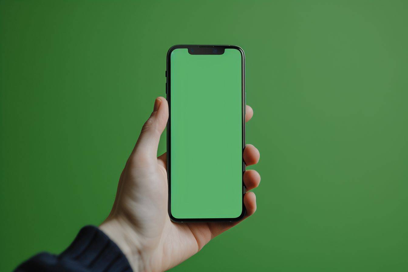 Hand holding iPhone 15 Pro mockup with green screen, minimalistic editorial aesthetic