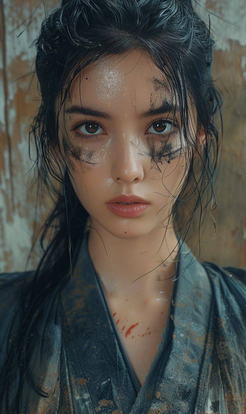 Samurai girl, in the style of cinematic realism, atmospheric impressionism, darkly romantic realism, pre-raphaelite realism, grainy, soft-focused realism