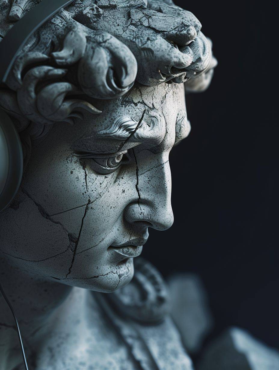 3D、ギリシャの像の頭部、ヘッドホンを着用、壊れていてダークなシネマティックなライティング