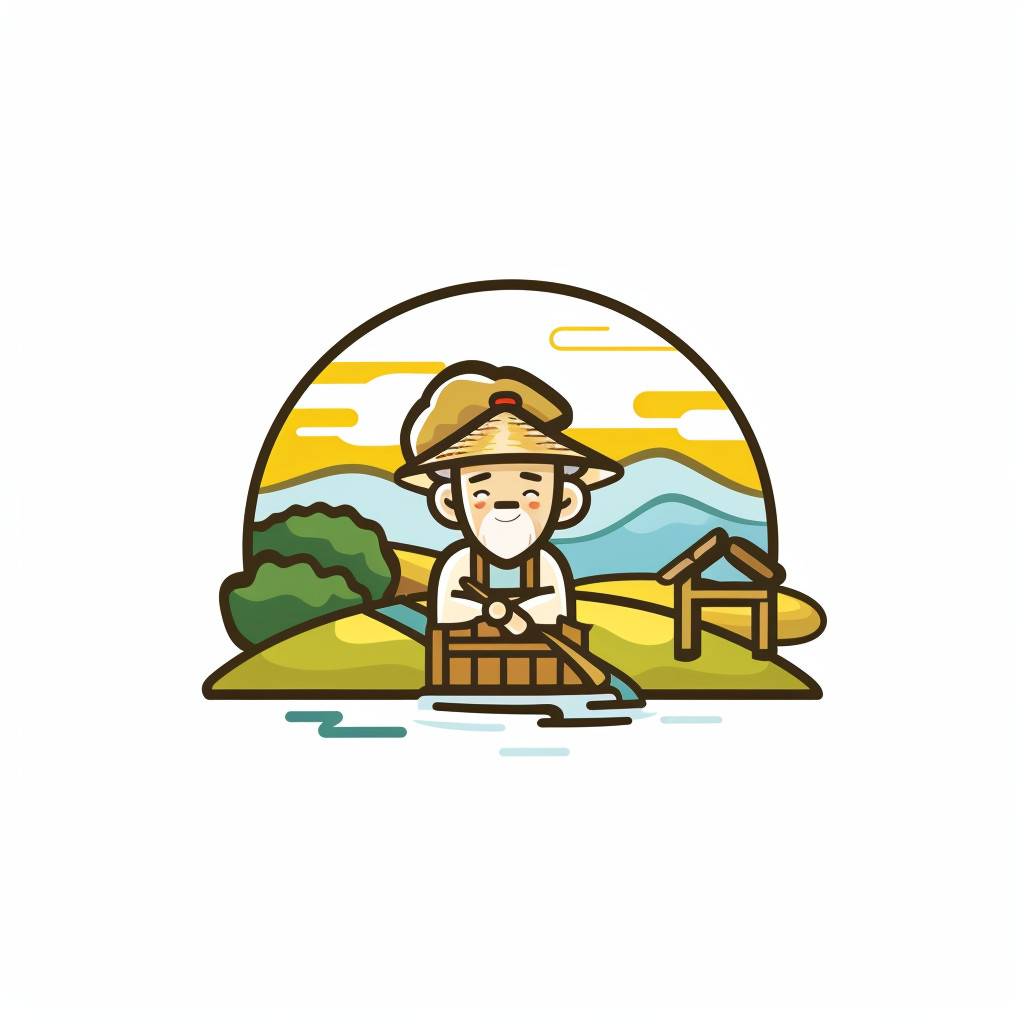 Cartoon logo, design a rice logo called musesai incorporating elements of fields and flowing water. There is an old man farming inside, appropriately incorporating grain elements. There is a rural gate element, using green and yellow, and adding a little blue, low saturation, lively, preferably with landscape elements, white background, minimalist style, Japanese style.