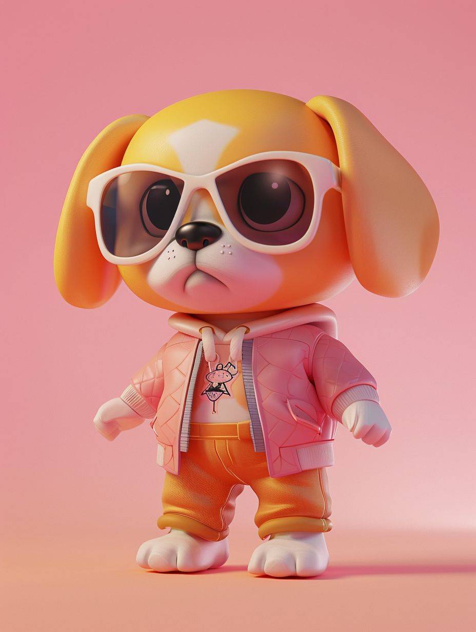 3D C4D NFT Blender, チビ, Pop Mart, 擬人化, キャラクターIP, サングラスをかけた子犬はとてもかっこいいです, 子犬は技術的で知的な感じがあり、服装はあまり複雑であってはならず、背景なし, 受賞作品