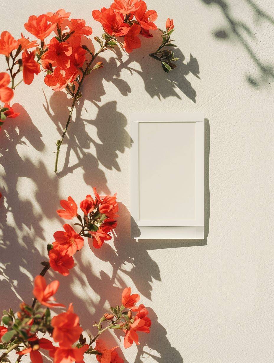 a blank polaroid mockup, on a minimal plain background, flowers, shadows, minimal, shot by fujifilm