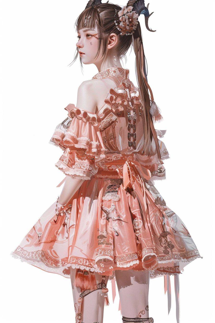 Full-body rendering of clothing, with enlarged clothing details next to it, a nine-headed girl with double ponytails, wearing a pink Lolita skirt, Chinese cheongsam elements, white background