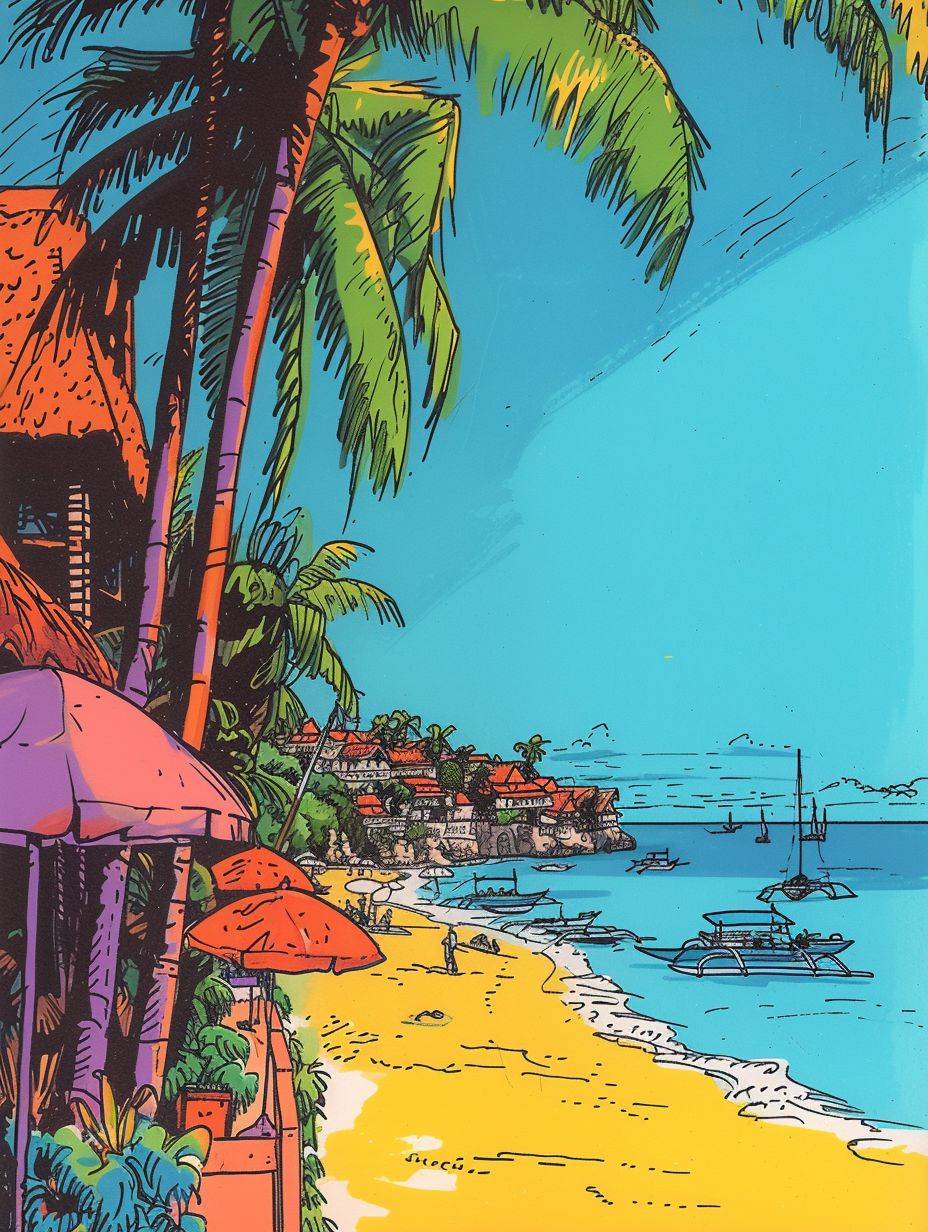Detailed pen and ink illustration of Boracay Island by Herge in the style of tin-tin comics, vibrant colors, detailed, sunny day