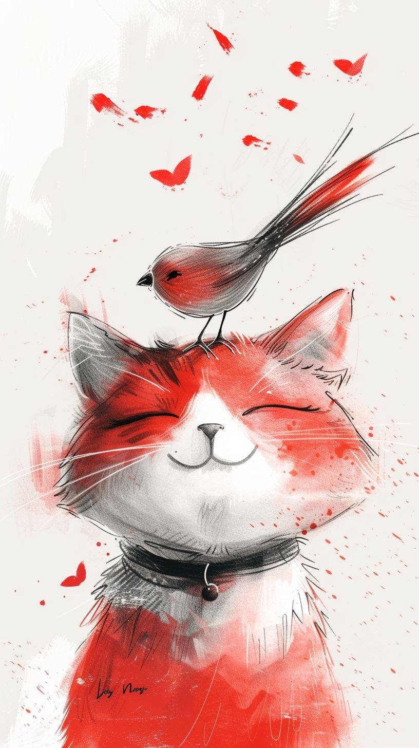 Joyful cat with a bird on its head by Joey Moya, in the style of minimalistic drawings, white background, ultrafine detail, Creative Commons attribution, Mori kei, painted illustrations, serene faces
